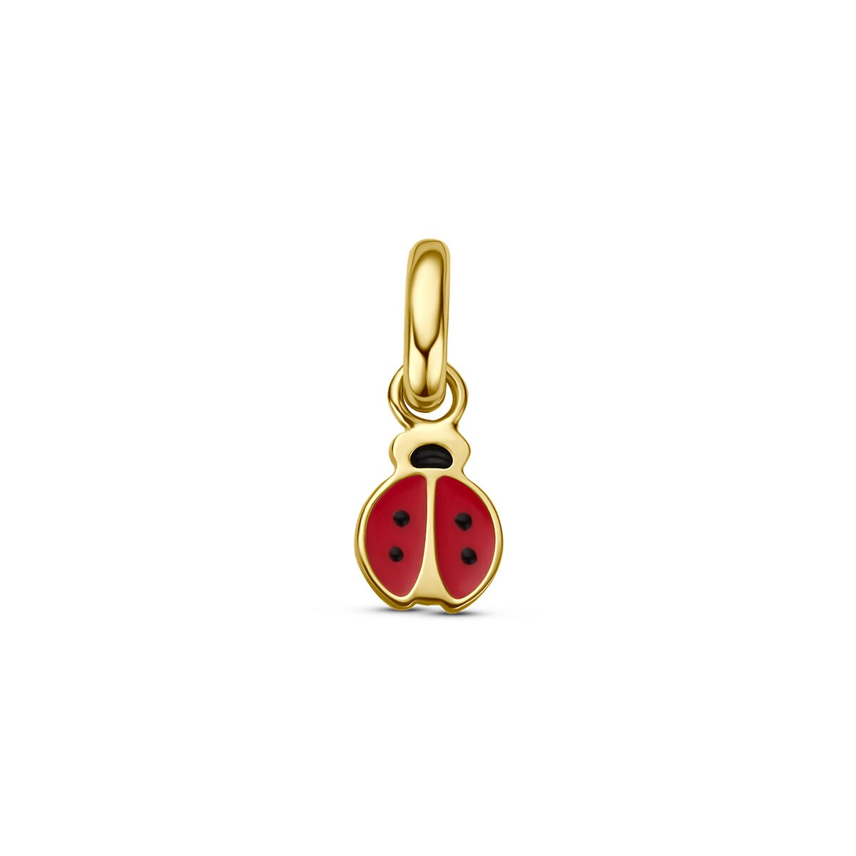 Ciondolo a forma di coccinella in oro giallo 14k con smalto rosso e dettagli neri.