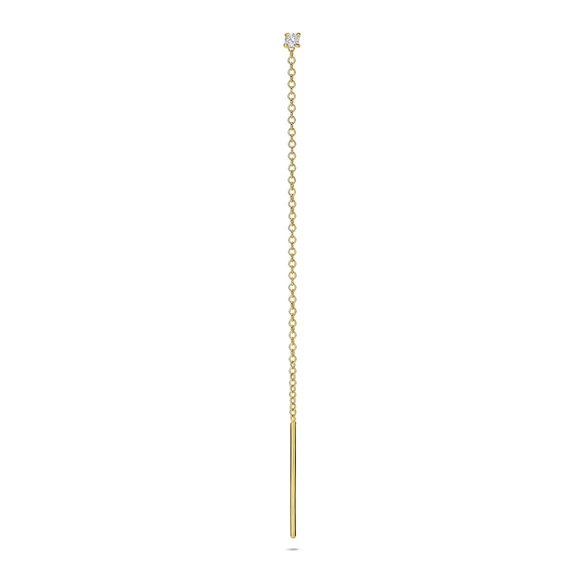 Orecchino pendente in oro giallo 14k con diamante, lungo e sottile.