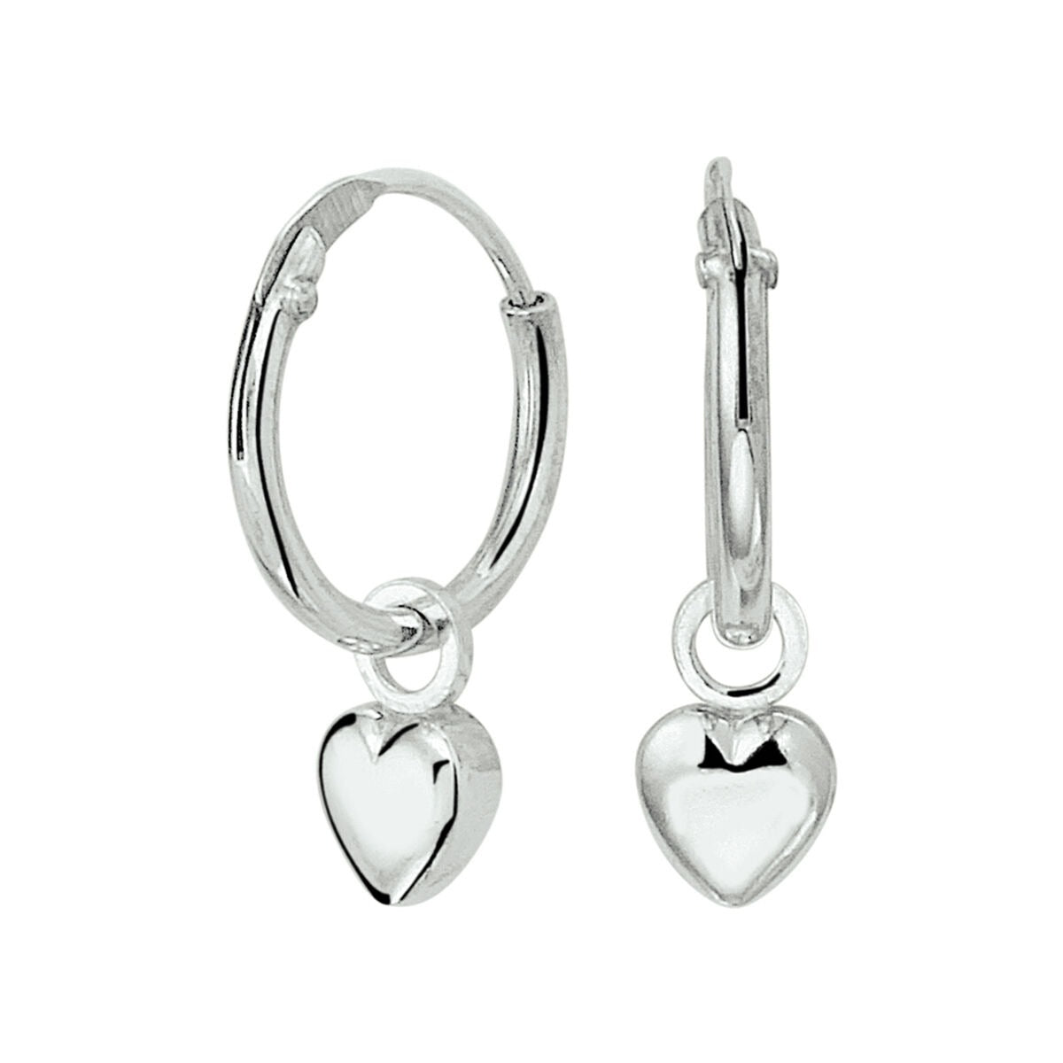 Orecchini alla creola in argento rodiato con pendente a forma di cuore.