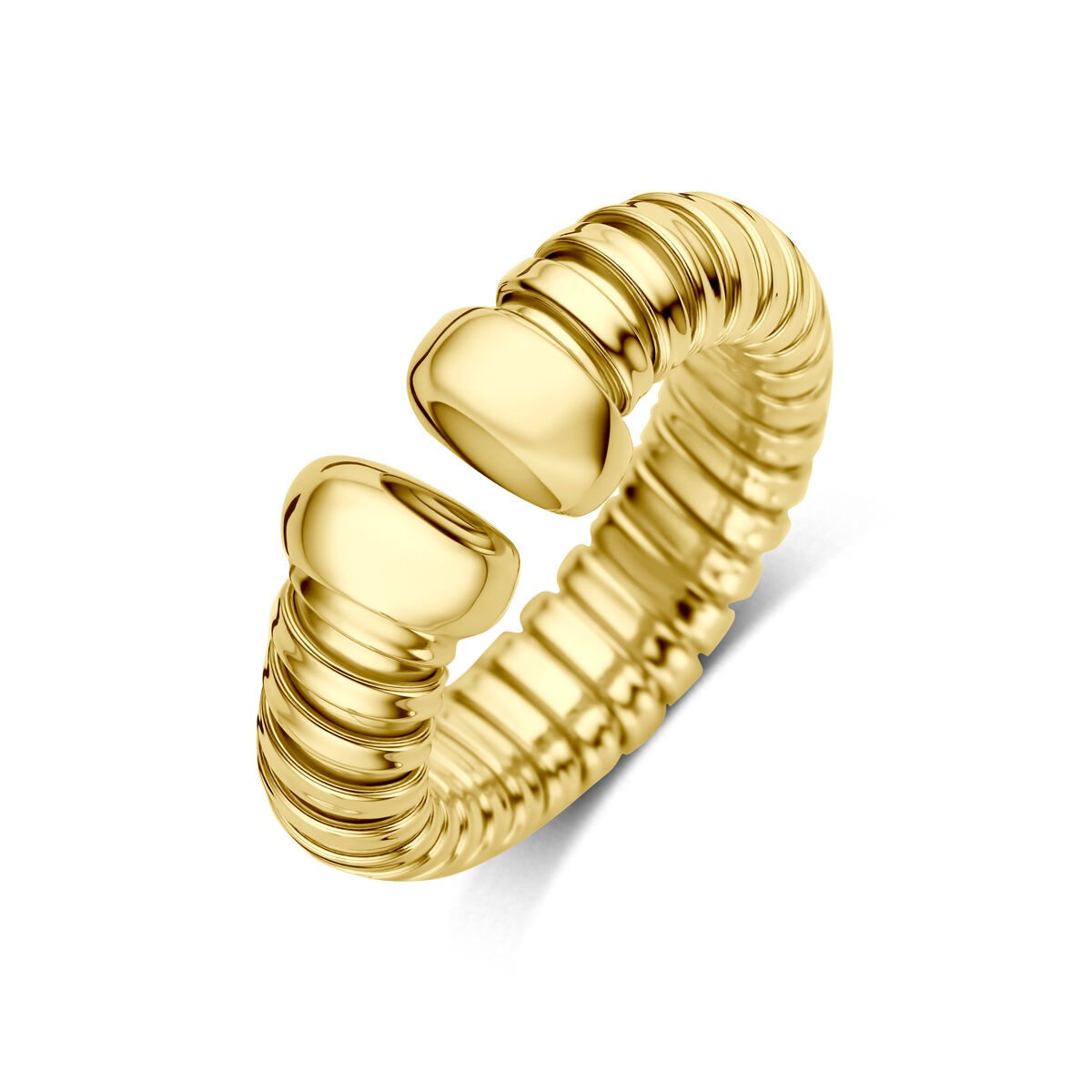 Anello da donna in oro giallo 14k con design ondulato e dettagli scanalati.