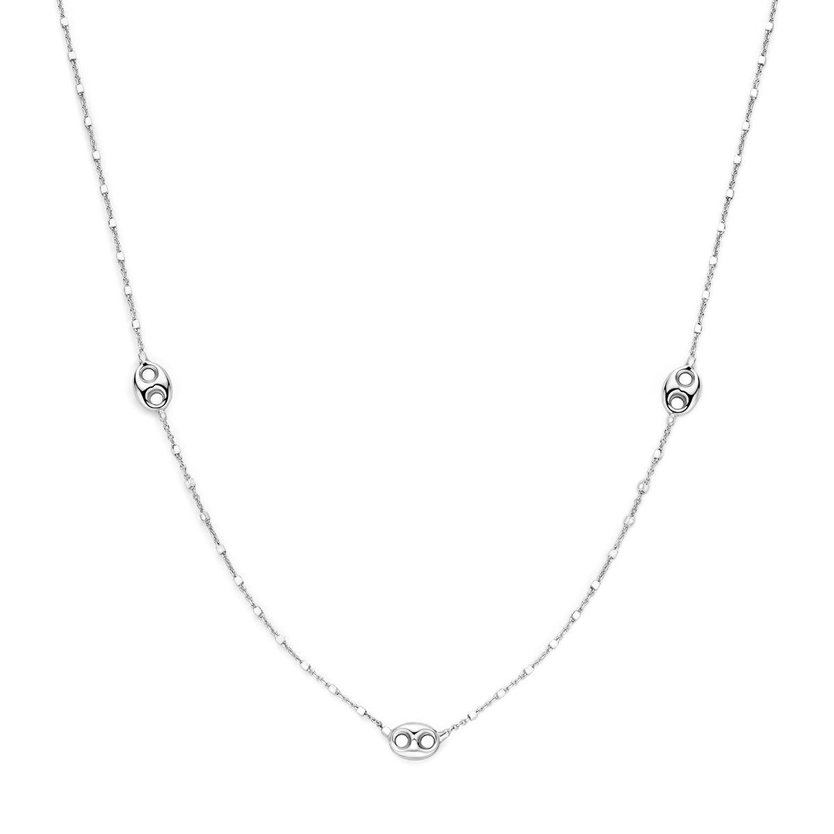 Gerhodineerde 925 zilveren ketting met koffieboonschakels en een fijne schakelstructuur.