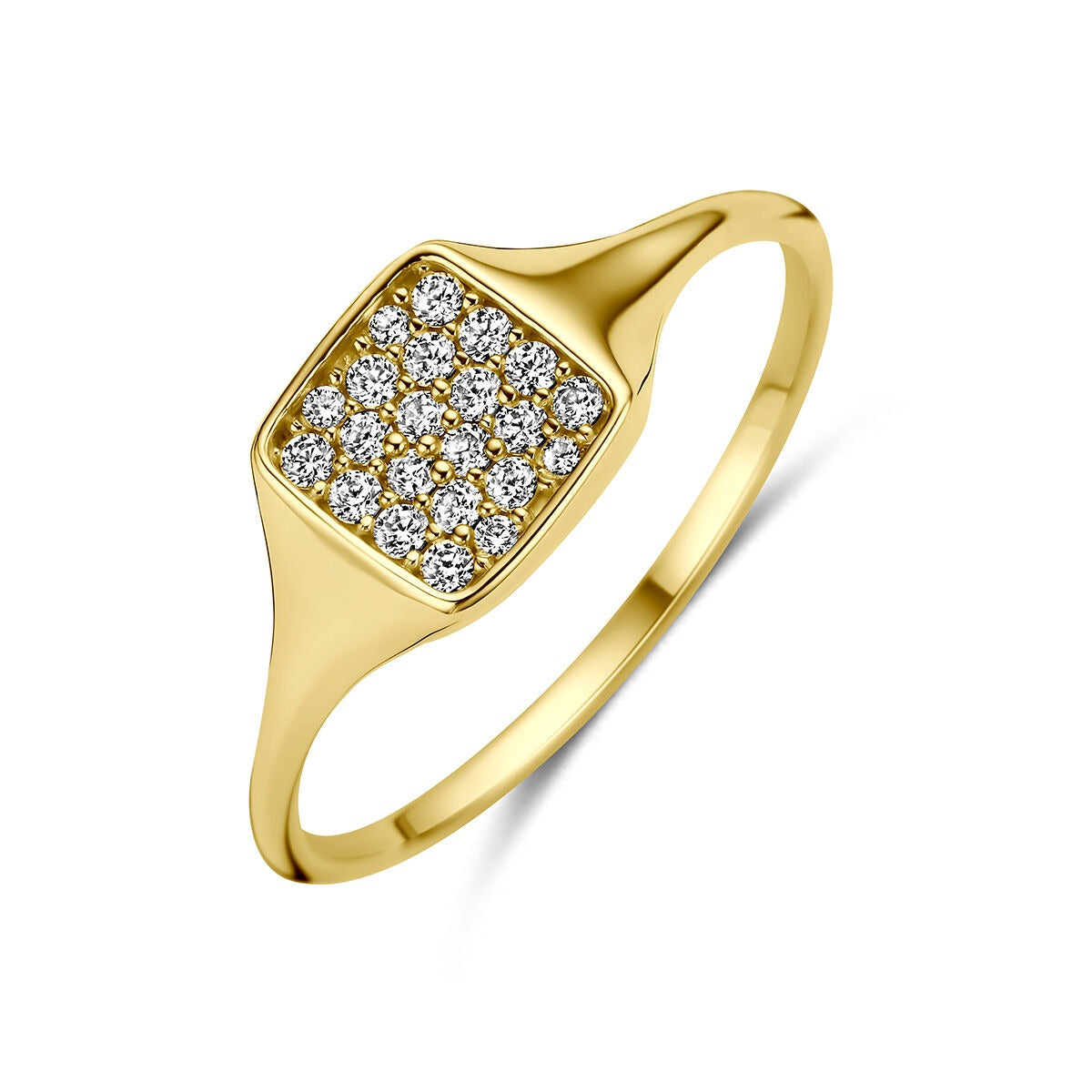 Anello in oro giallo 14k con zirconi, forma quadrata e superficie lucida.