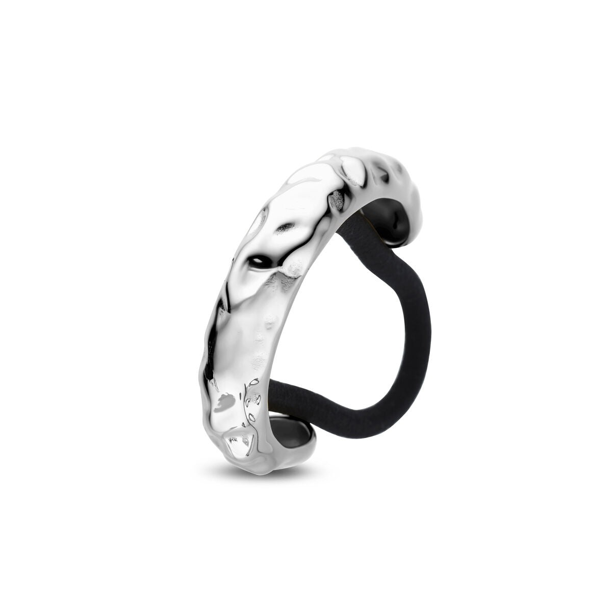 Cuff per capelli in acciaio, color argento, con finitura lucida e design ondulato.