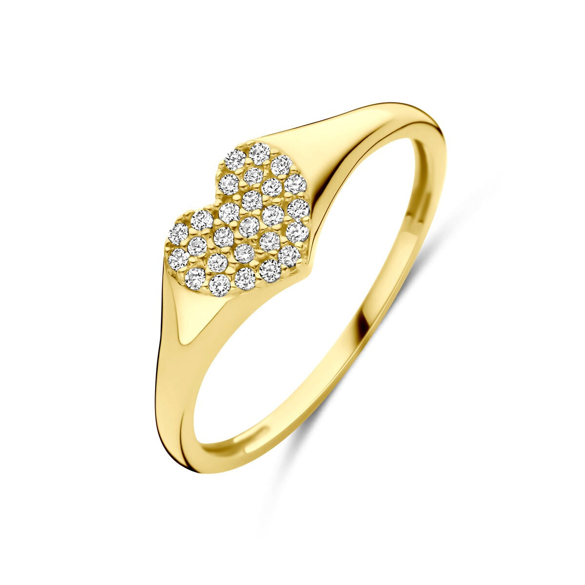 Anello in oro giallo 14k con cuore di zirconia, larghezza 6 mm.
