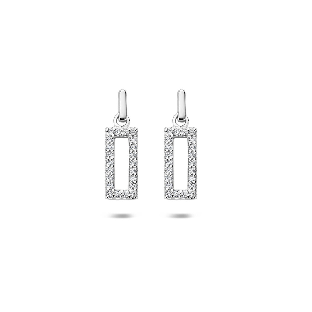 Orecchini in argento 925 rodiato con zirconi, forma rettangolare.