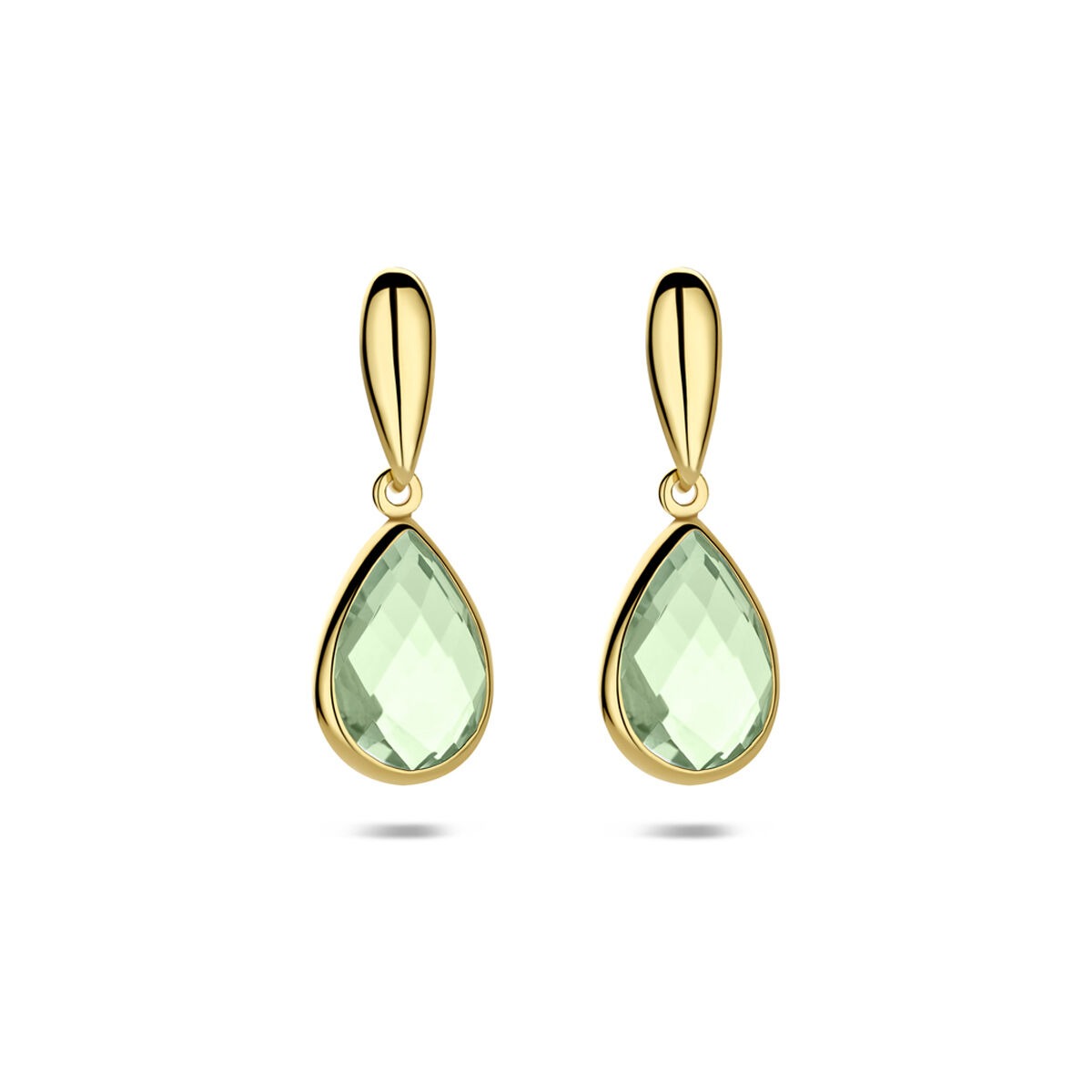 Orecchini in oro giallo 14k con ametista verde a goccia.