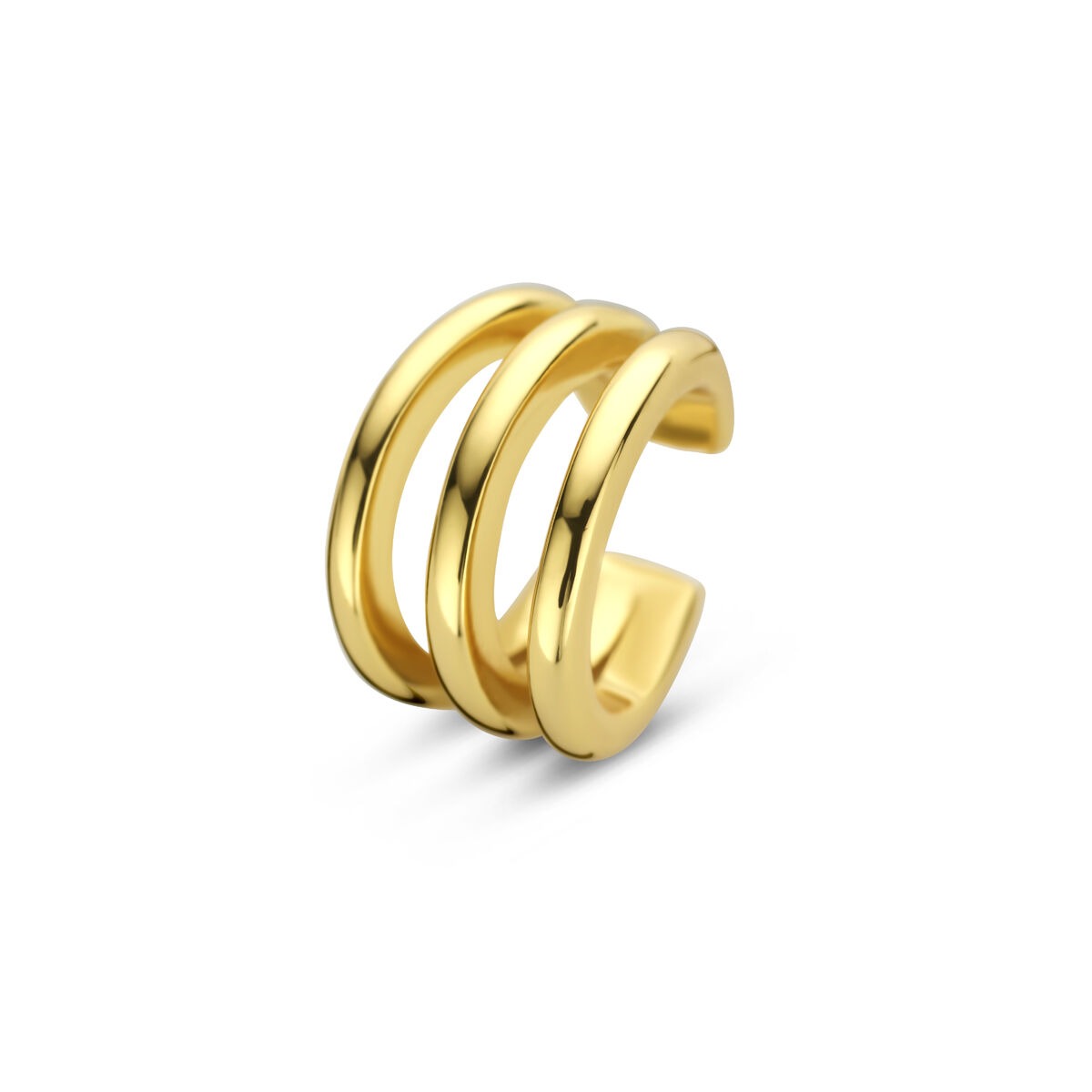 Verguld zilveren ear cuff met drie ronde ringen in geelgoudkleur.