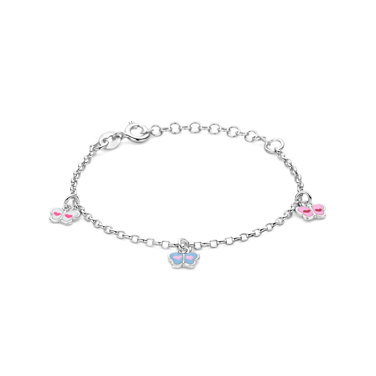 Gerhodineerde 925k zilveren kinderarmband met schakelketting en kleurrijke vlinderbedels van emaille.