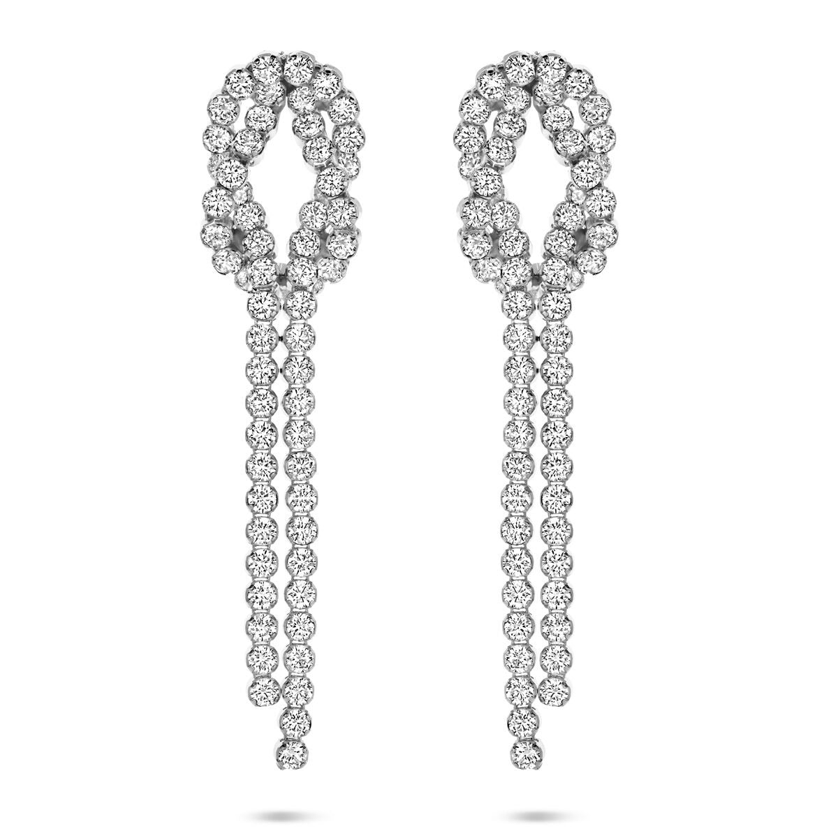 Orecchini in argento rodiato con zirconi, lunghi 53 mm, con design a catena.