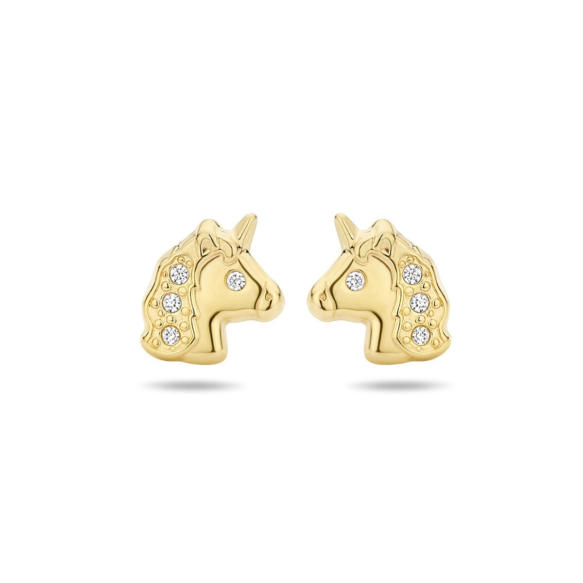 Orecchini in oro giallo 14k a forma di unicorno con dettagli in zirconi.