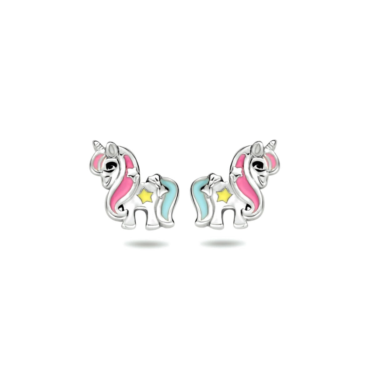 Orecchini a forma di unicorno in argento rodiato con smalto rosa e azzurro.