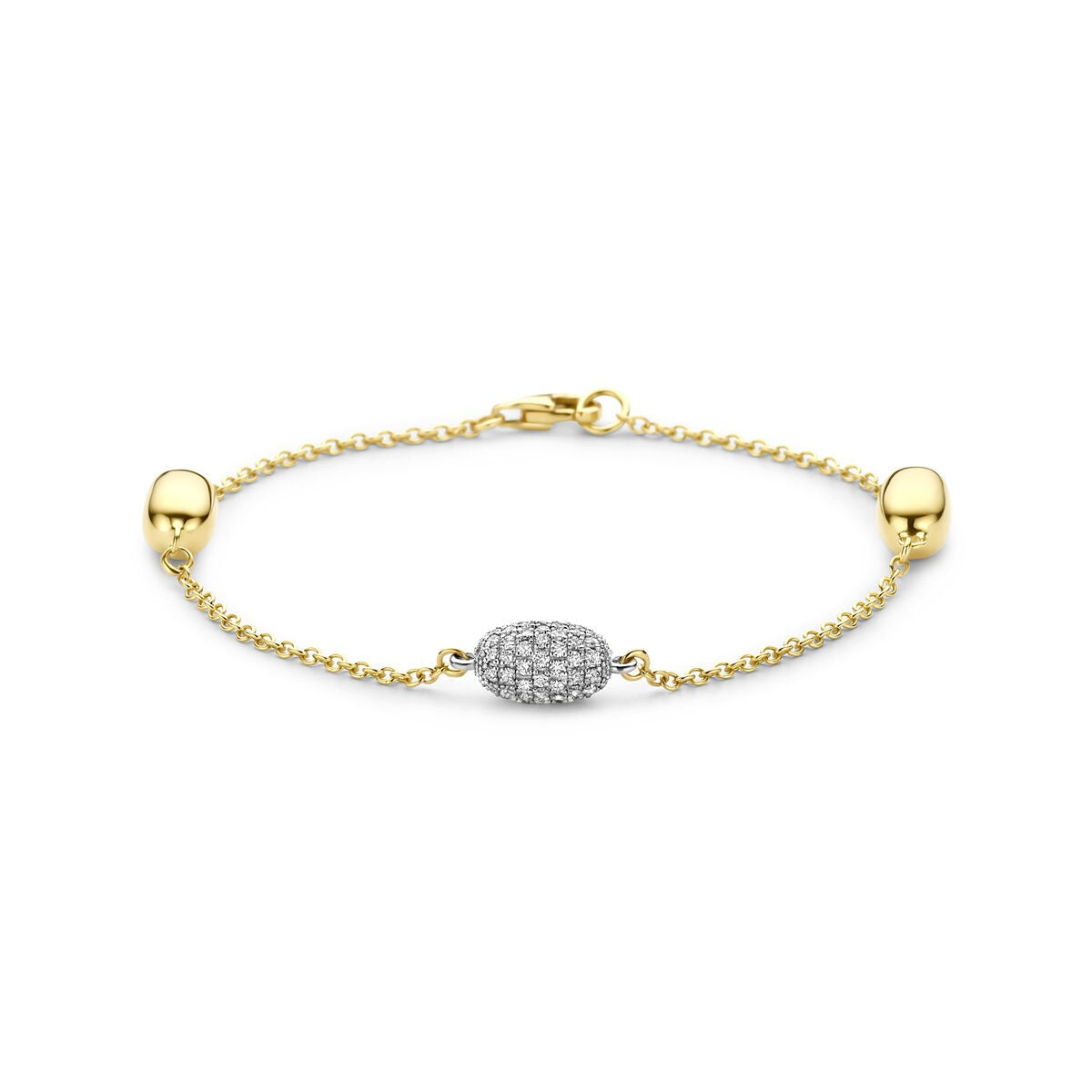 Bracciale bicolore in oro giallo e bianco con diamanti, caratterizzato da una forma delicata e dettagli lucidi.