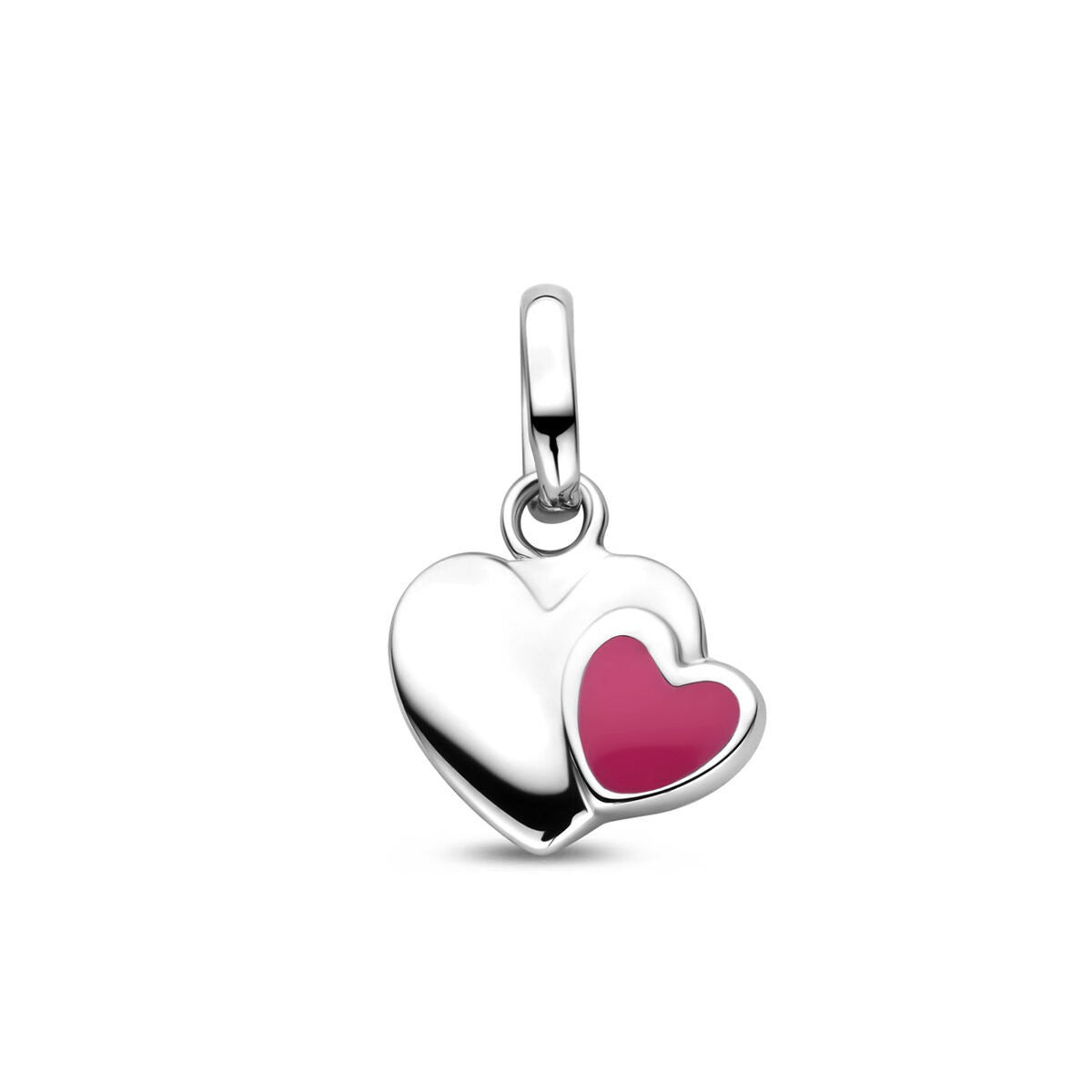Ciondolo a forma di cuore in argento con smalto rosa, piccolo cuore all'interno di un cuore più grande.