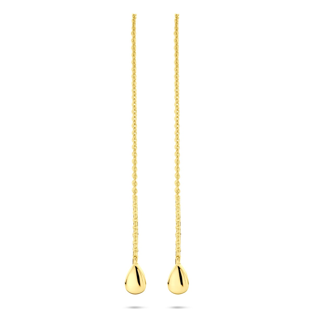 Vergulde zilveren doortrekoorbellen met bolvormige hangers, 115 mm lang, met een glanzende afwerking.