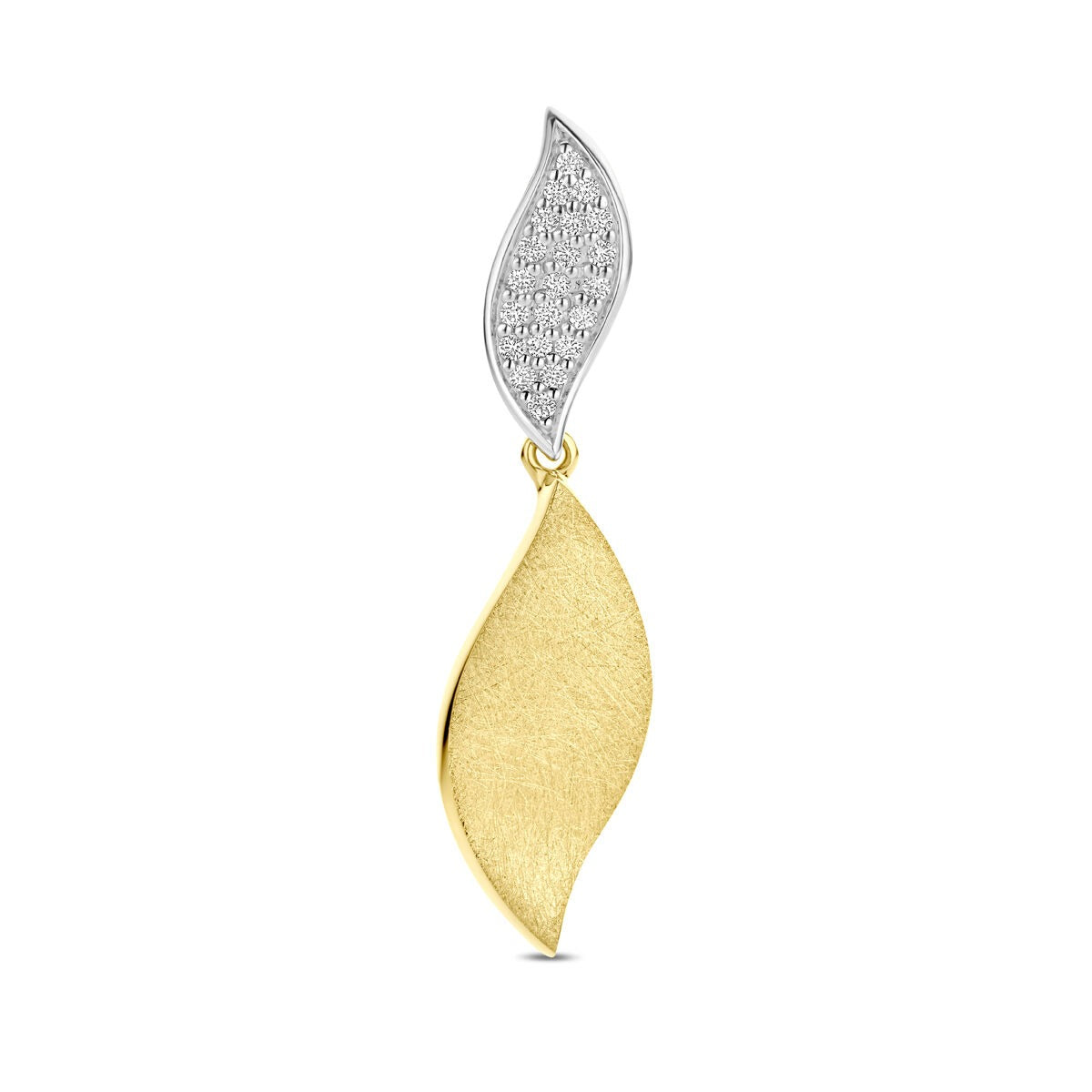 Ciondolo bicolore in oro giallo e bianco, forma a foglia, con finitura lucida e opaca, decorato con diamanti.