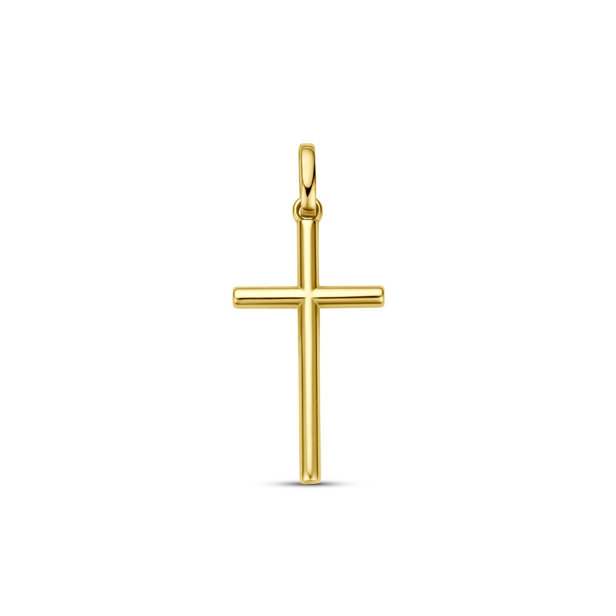 Ciondolo a croce in oro giallo 9 carati, design semplice e lineare.