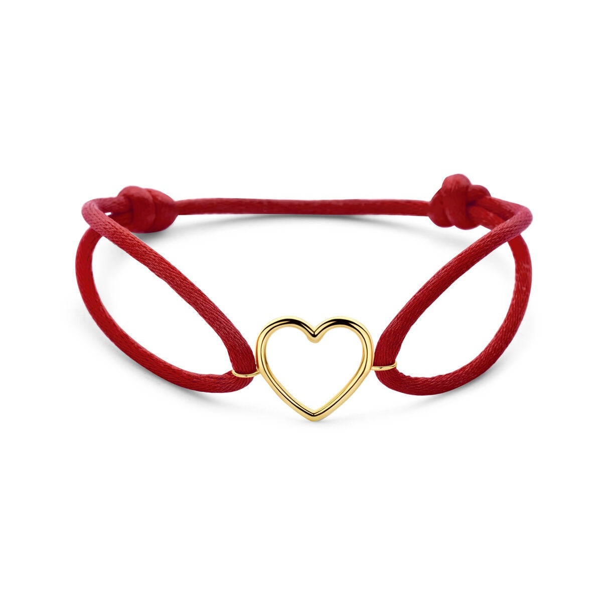 Bracciale in satin rosso con cuore in oro giallo 14k, design semplice e romantico.