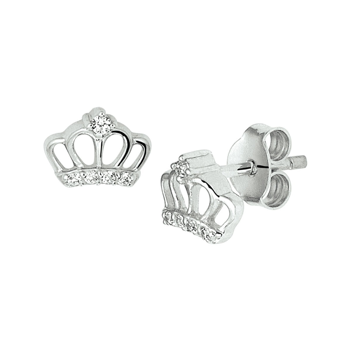 Orecchini a bottone a forma di corona in argento rodiato con zirconi.