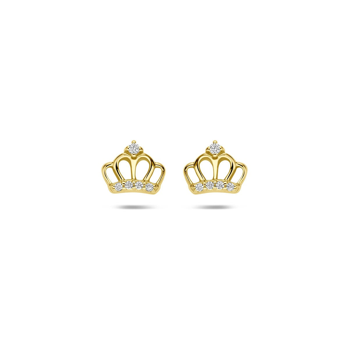 Orecchini a bottone in argento dorato a forma di corona con zirconi.
