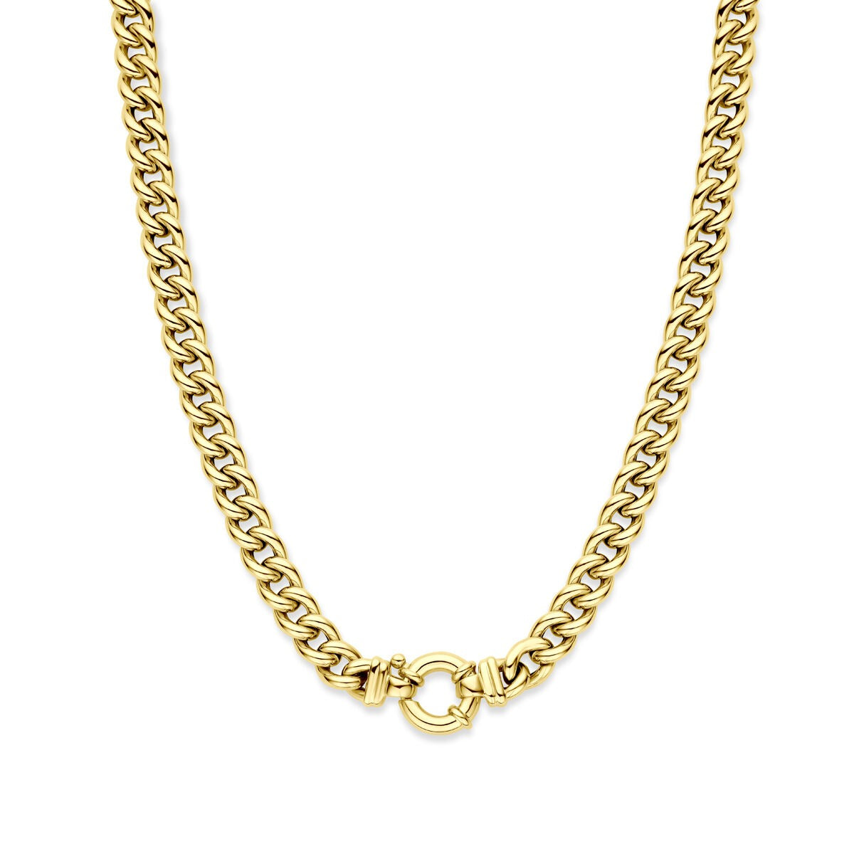 Collana bizantina in oro 14k, larghezza 9 mm, con chiusura a moschettone.