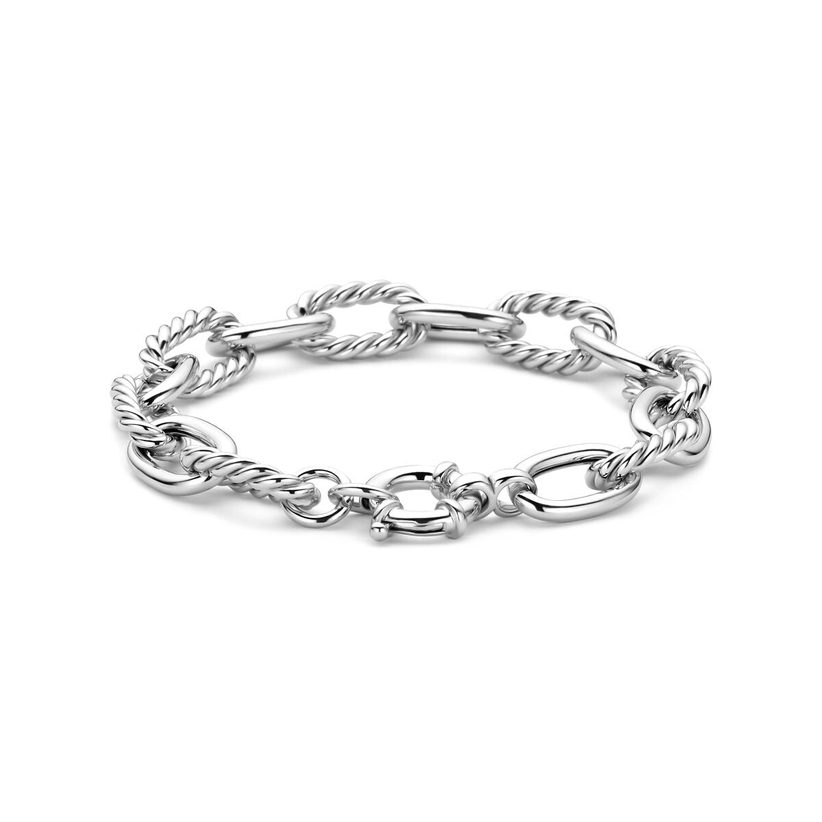 Gerhodineerde zilveren schakelarmband met een mix van gladde en gedraaide schakels en een groot veerslot.