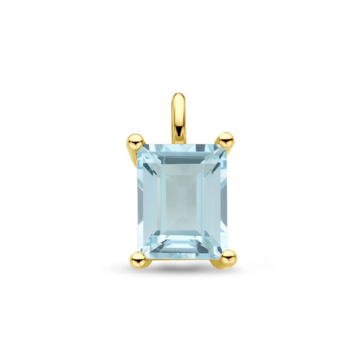 Verguld zilveren hanger met een rechthoekige sky blue topaas, afmetingen 14,5 x 8,5 mm.