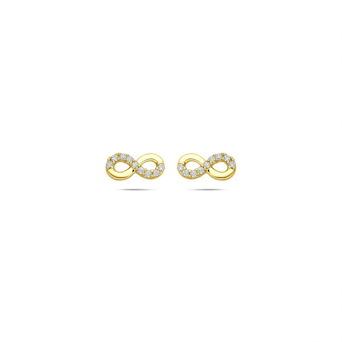 Orecchini in oro giallo 14k a forma di infinito con zirconi.