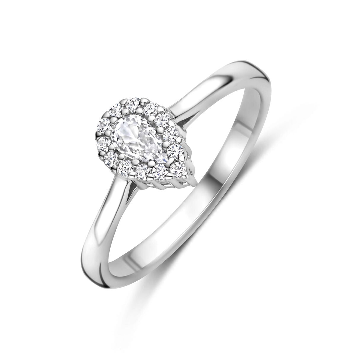 Anello da donna in argento con zircone a forma di pera e incastonatura a corona.
