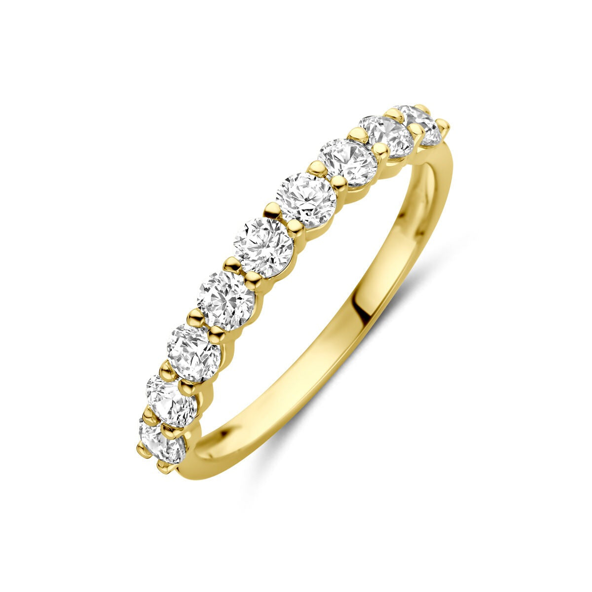 Anello in oro giallo 14k con zirconi, design sottile e brillante.