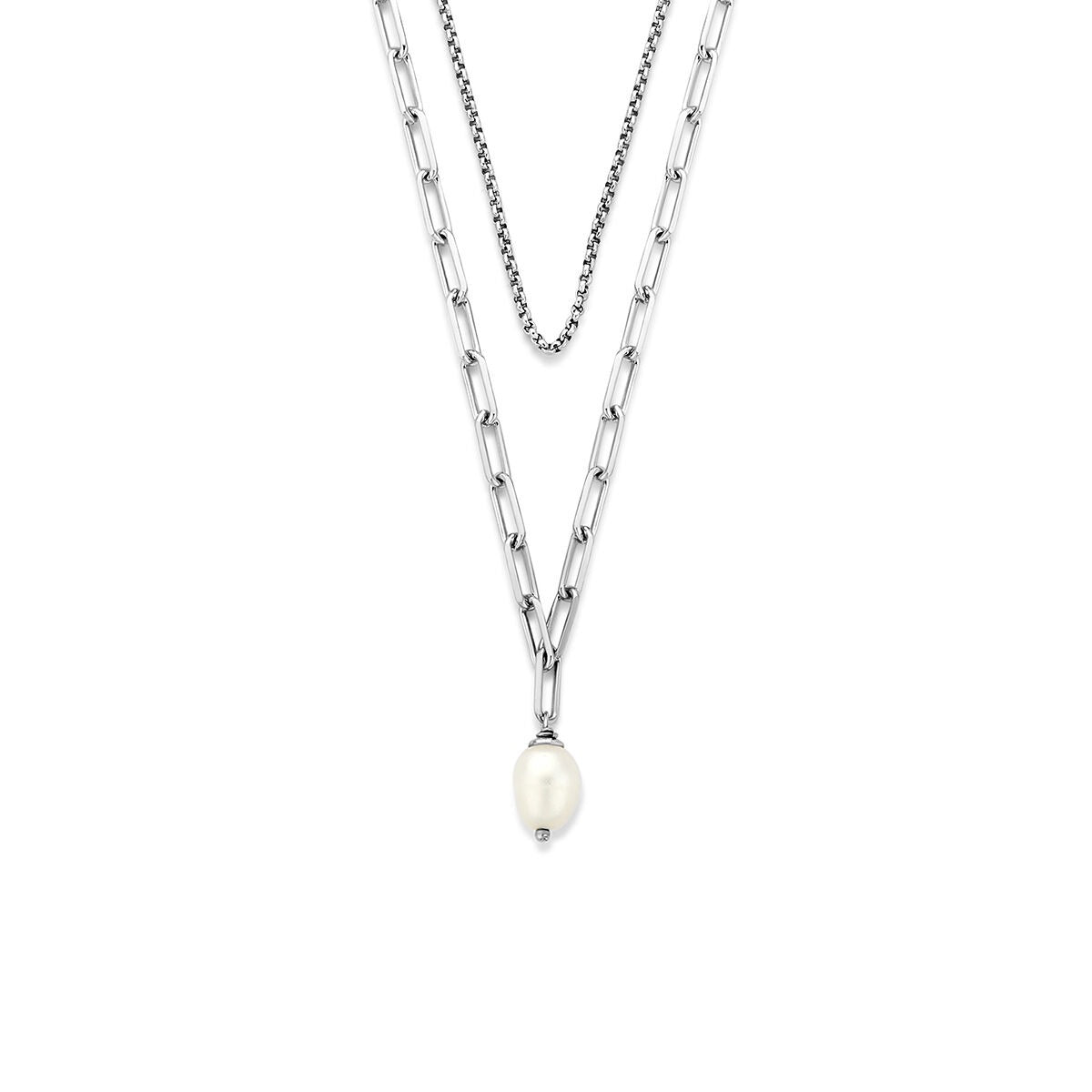 Gerhodineerde zilveren ketting met twee lagen en een enkele parel als opvallend detail.