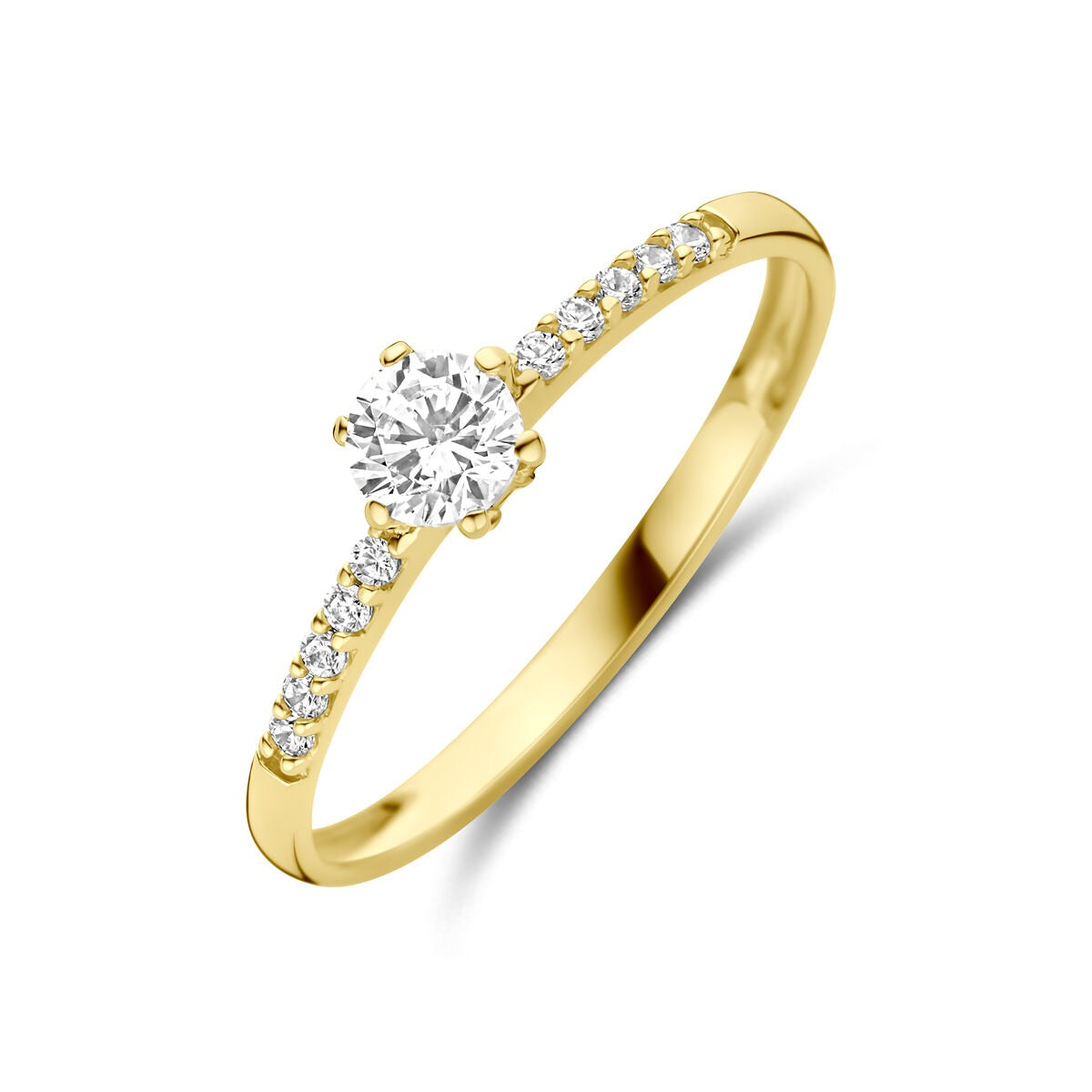 Anello da donna in oro giallo 14k con zirconia, con pietra centrale e dettagli luminosi.