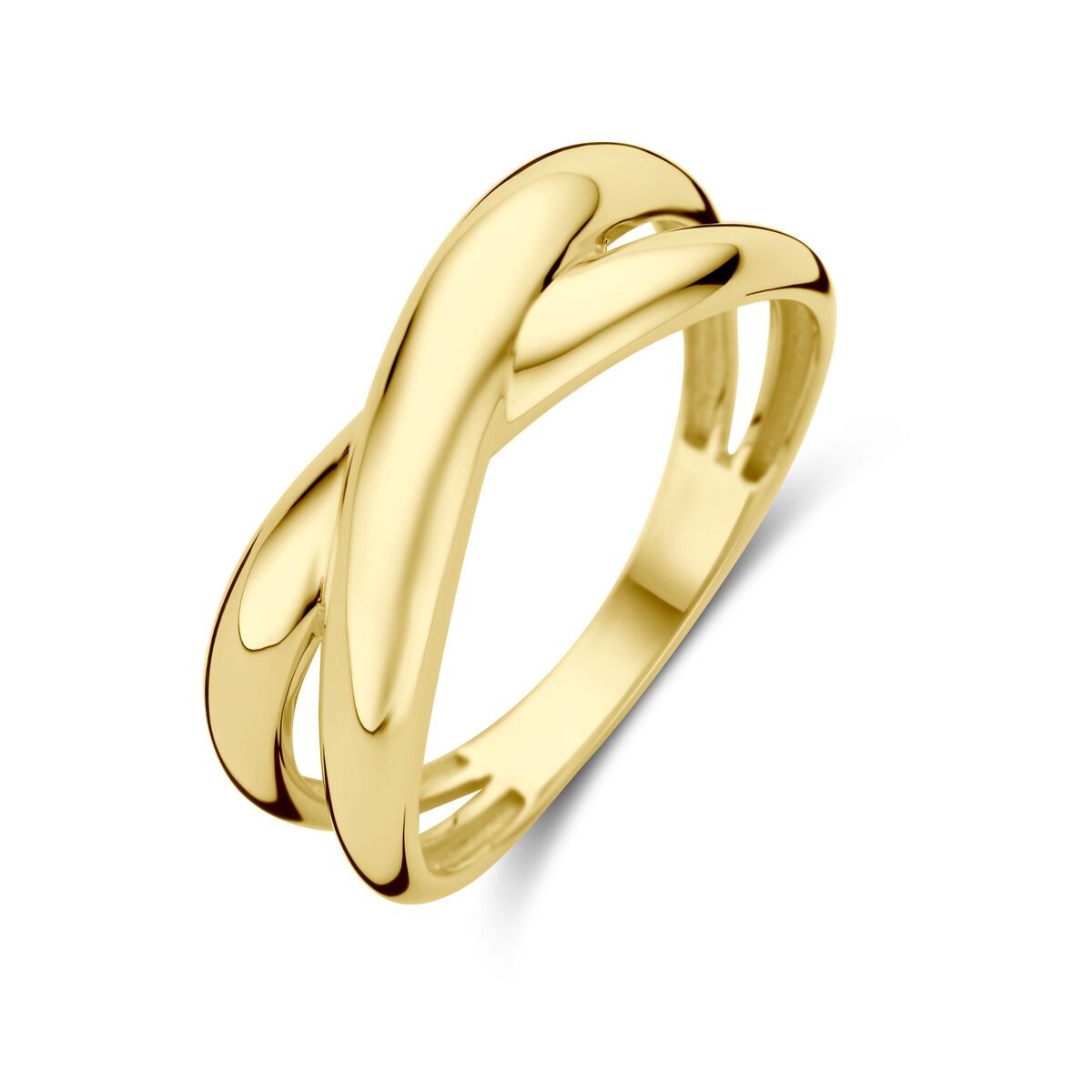 Anello in oro giallo 9 carati con design intrecciato e finitura lucida.