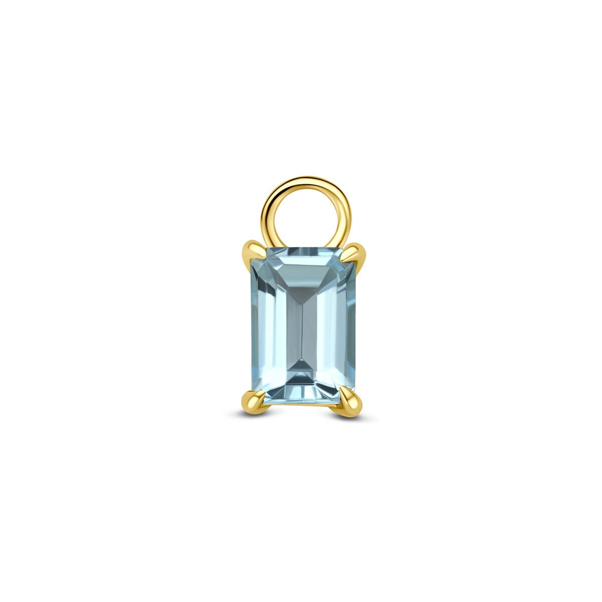 Orecchino pendente in oro giallo 14k con topazio blu a forma rettangolare.