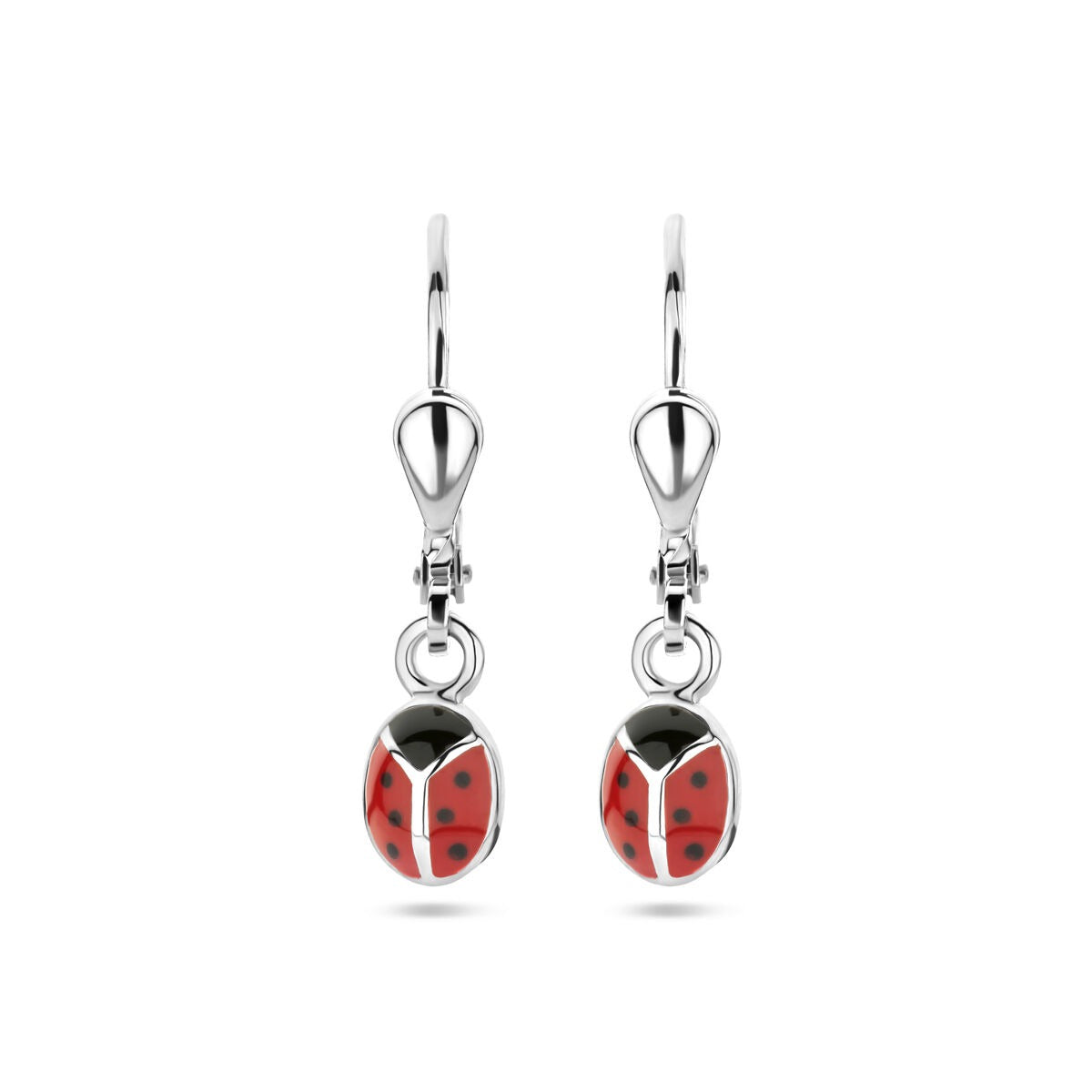 Orecchini a forma di coccinella in argento 925 rodiato, con dettagli rossi e neri.