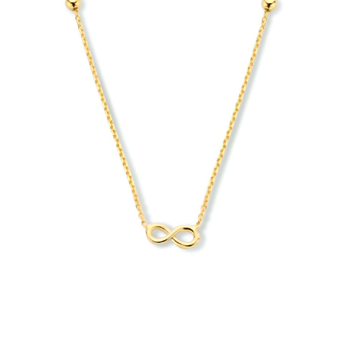 Geelgouden collier met een infinity hanger en bolletjes, fijne schakelketting.