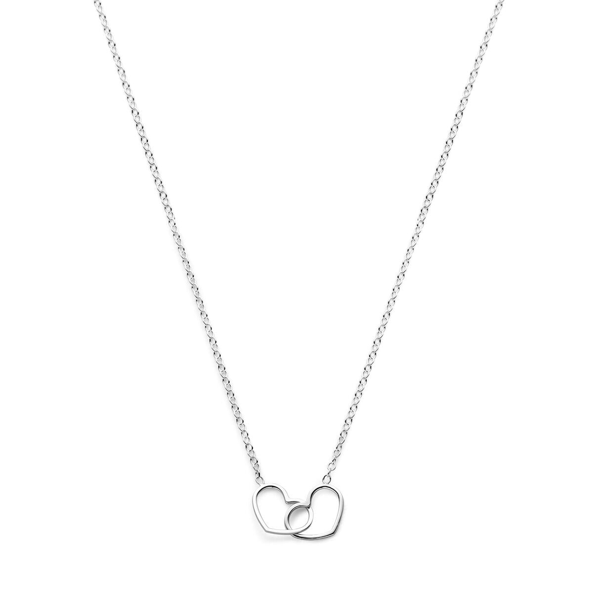 Collana in argento con doppie cuori, finitura rodiata, catena a maglia rolò.