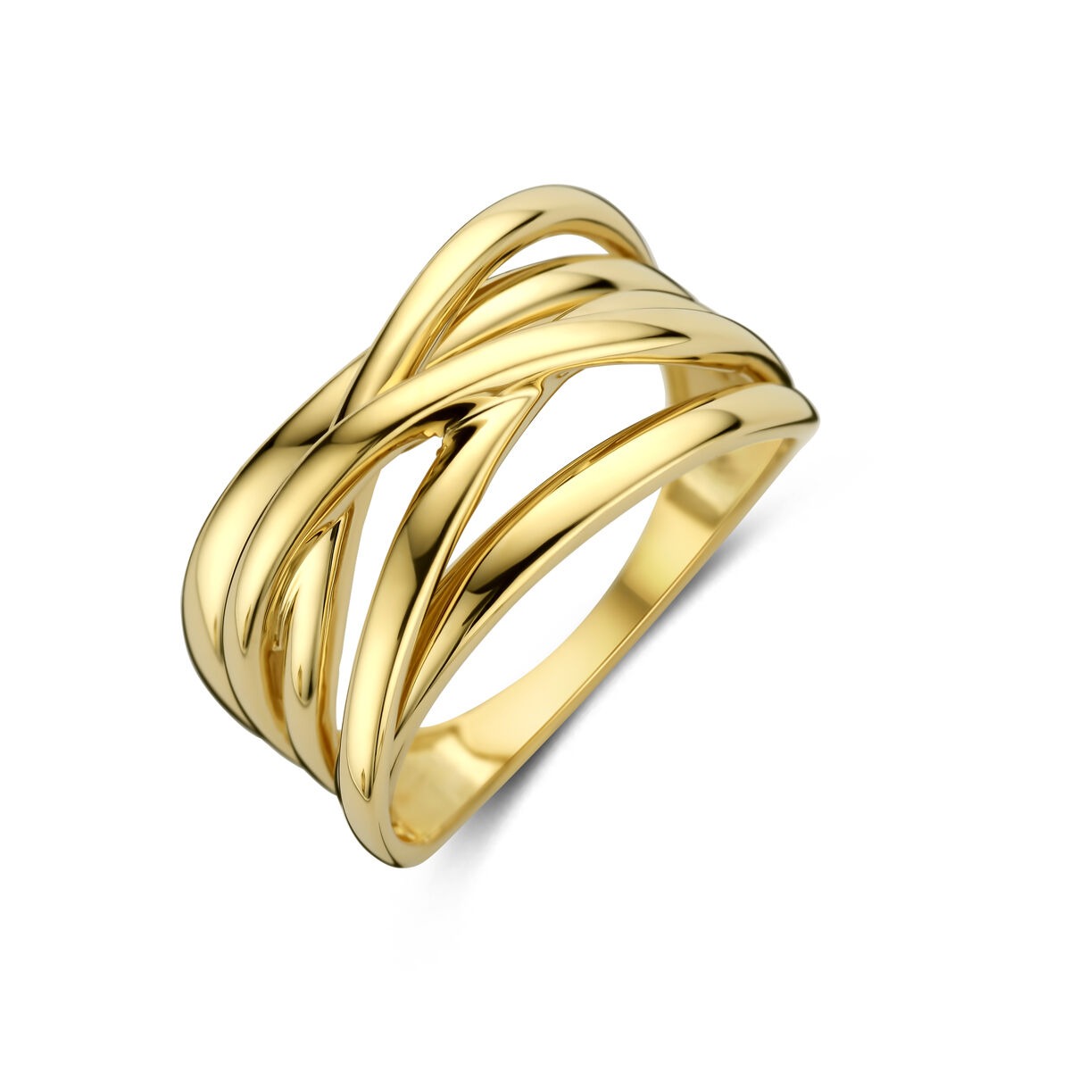 Anello da donna in oro giallo 14k con banda larga di 11 mm e design intrecciato.