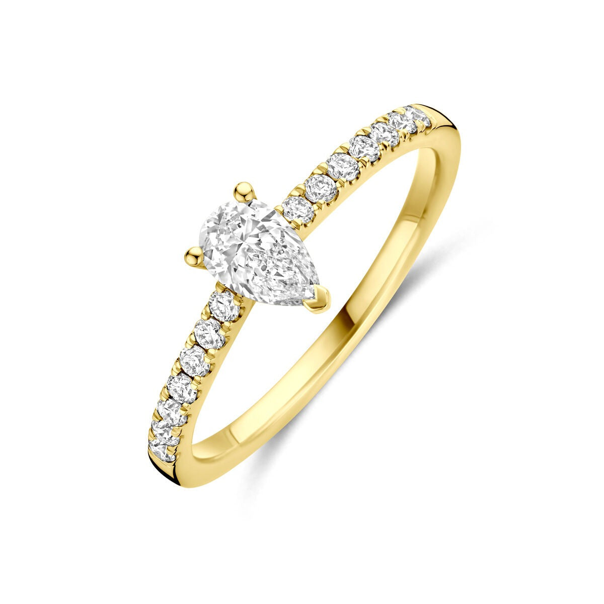 Anello in oro 14k con diamante lab-grown a forma di pera e pavé di diamanti.
