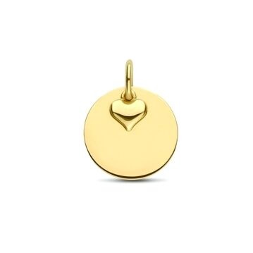 Ciondolo in oro 9k con cuore intagliato, forma rotonda e superficie lucida.