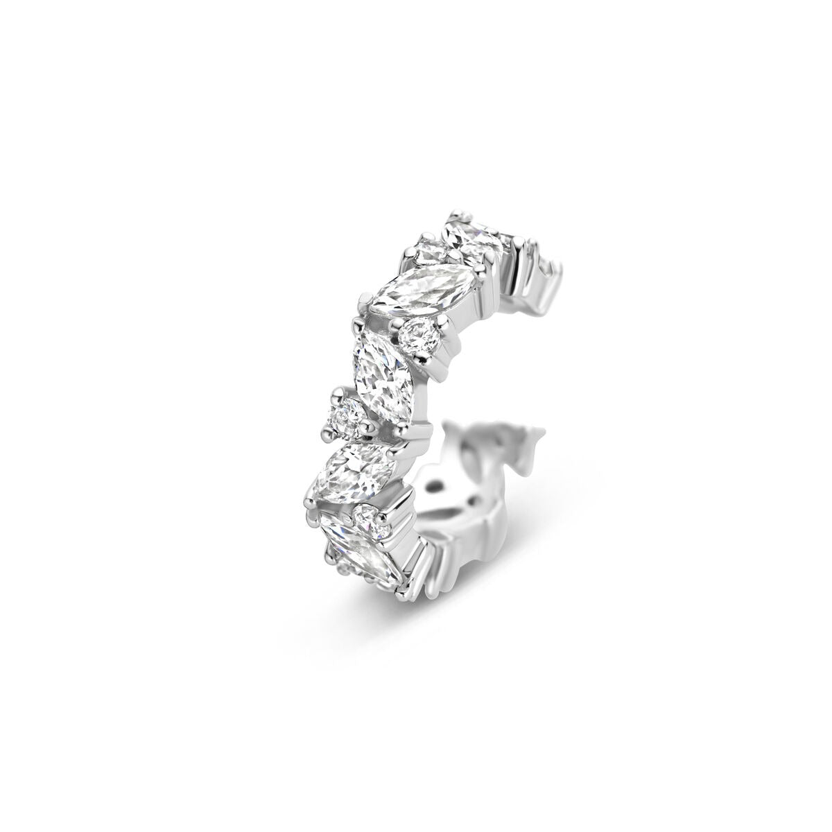 Ear cuff in argento rodiato 925 con zirconi, design ondulato e dettagli brillanti.