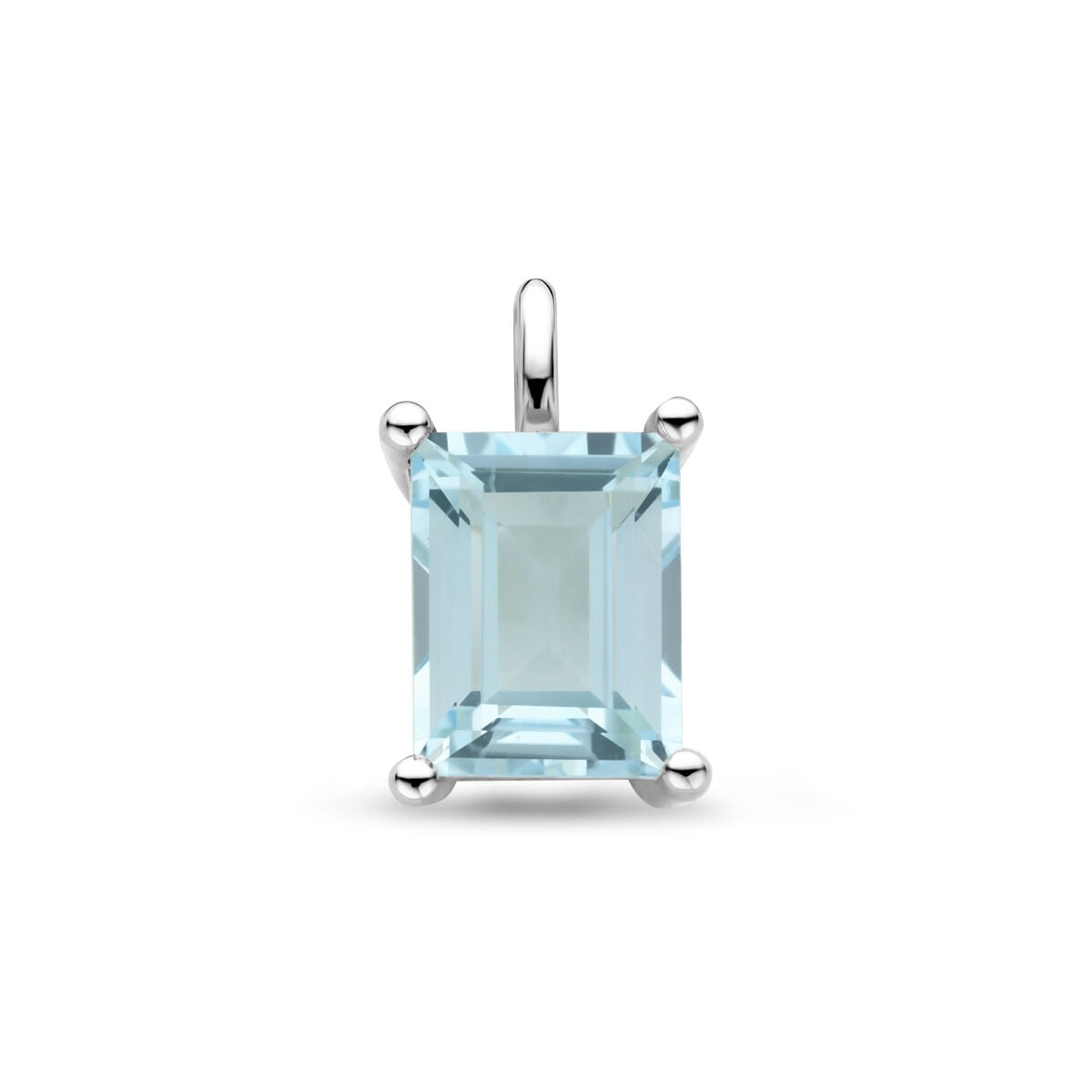 Zilveren hanger van gerhodineerd 925 zilver met een vierkante sky blue topaas, afmetingen 14,5 x 8,5 mm.