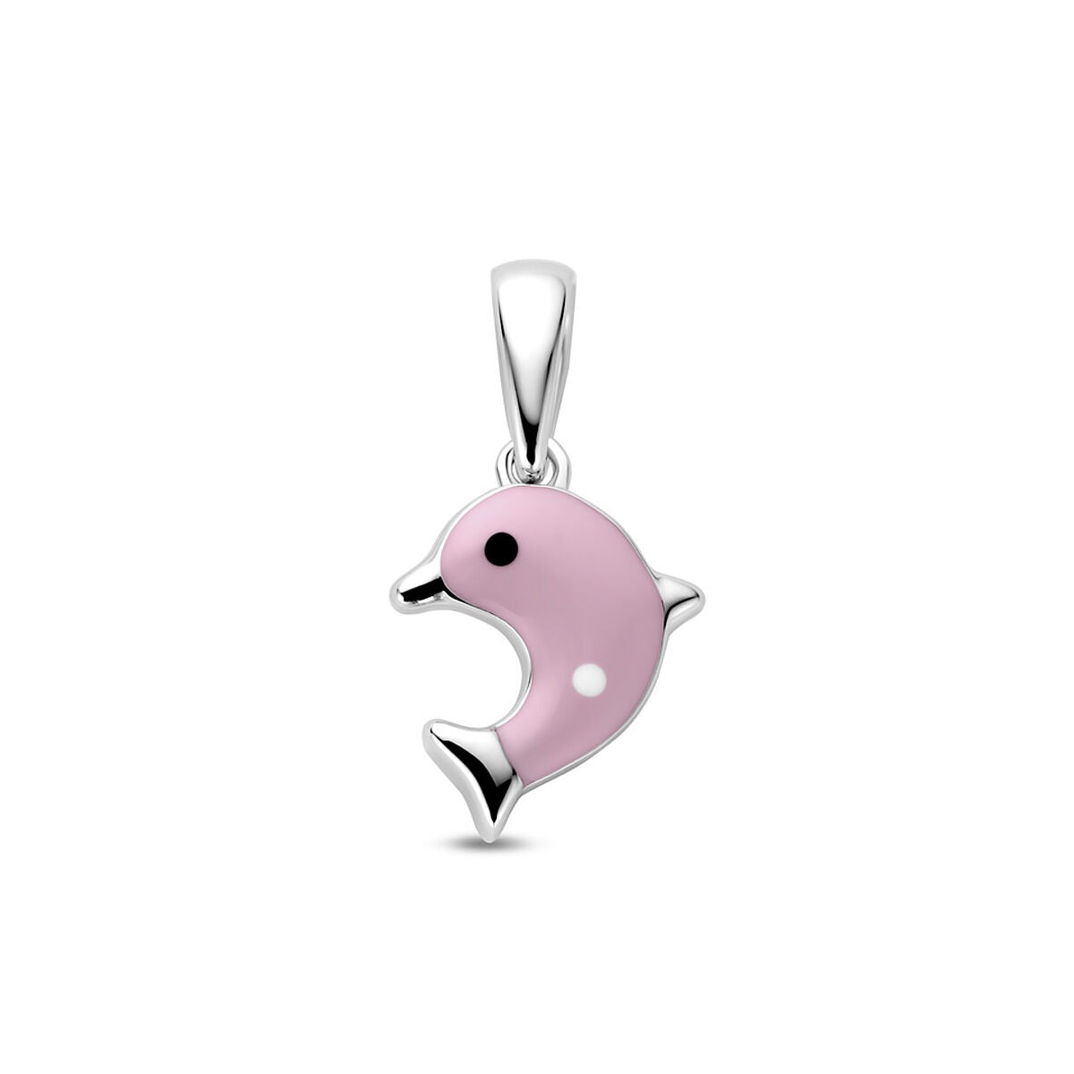 Ciondolo delfino in argento 925 rodiato con smalto rosa e dettagli neri.
