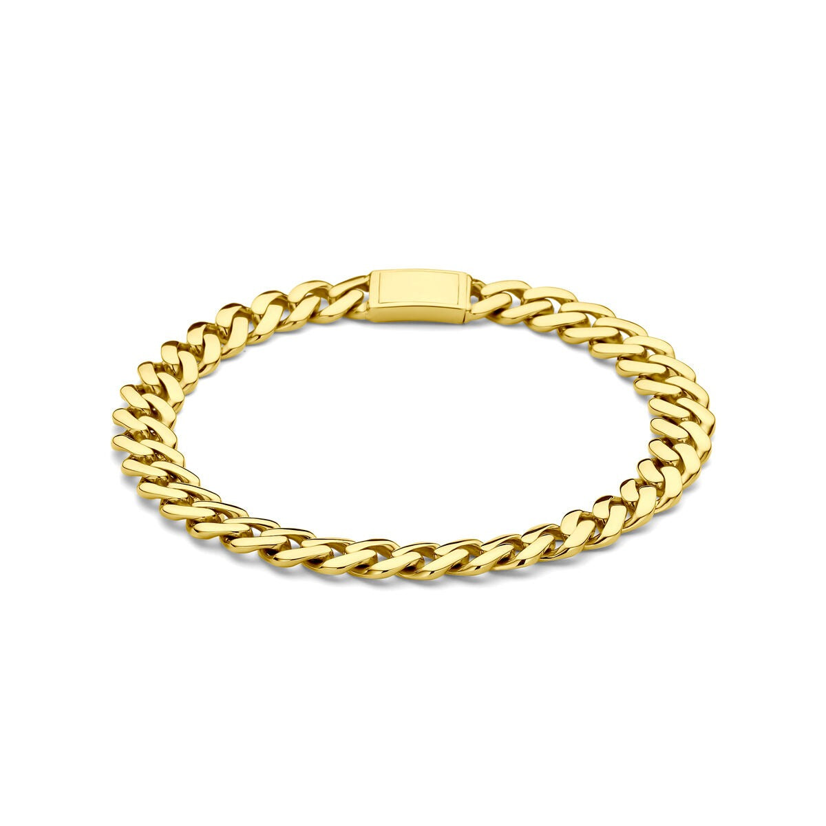 Bracciale in oro giallo 18k con maglie a catena bizantina, design unisex.