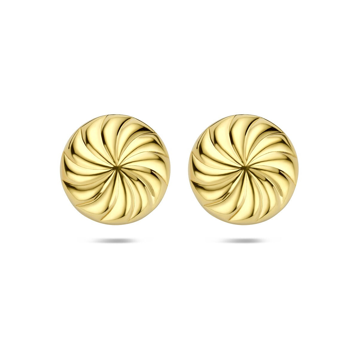 Orecchini a bottone in argento dorato con design giocoso e dettagli a spirale.