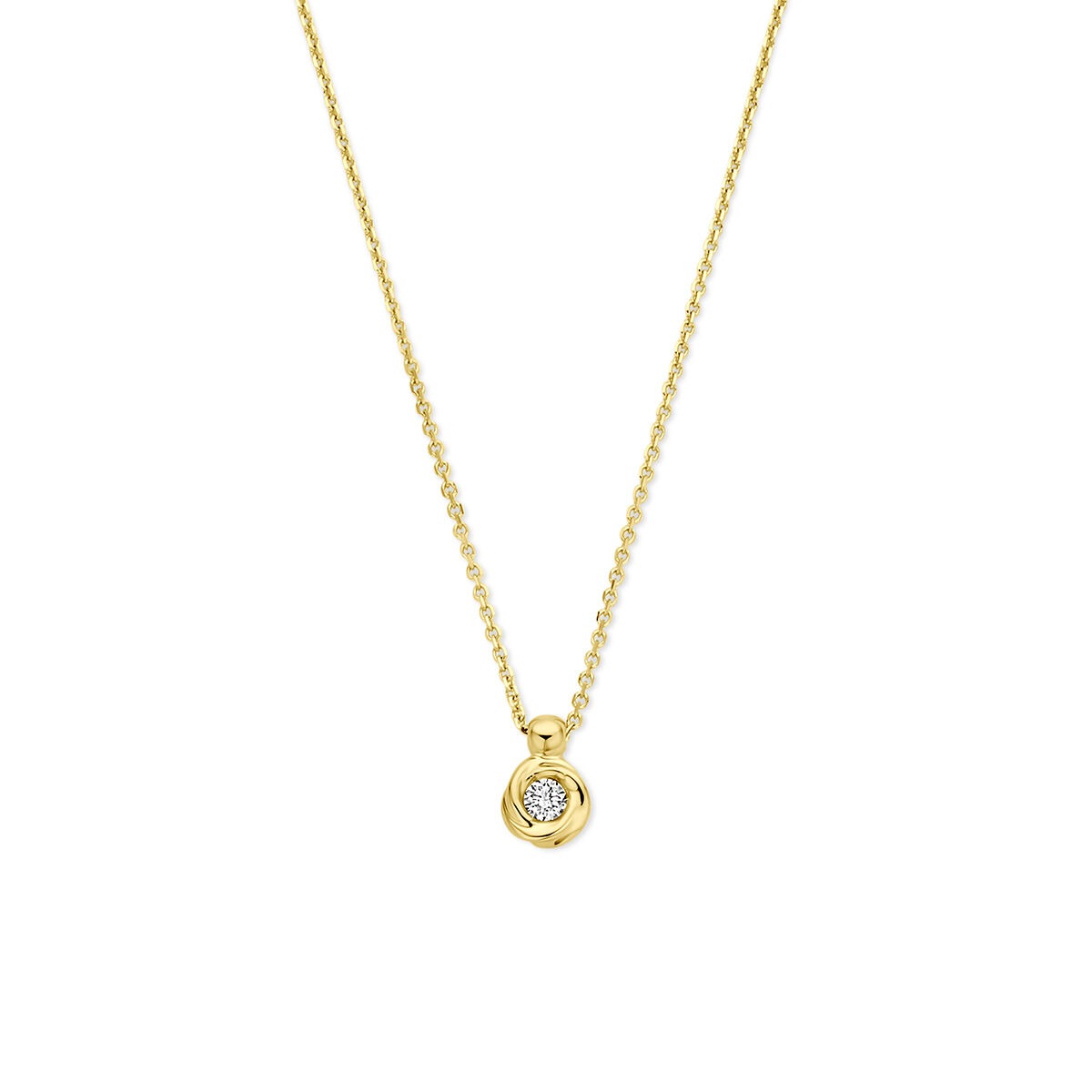Geelgouden ketting met een ronde hanger en lab grown diamant in het midden.