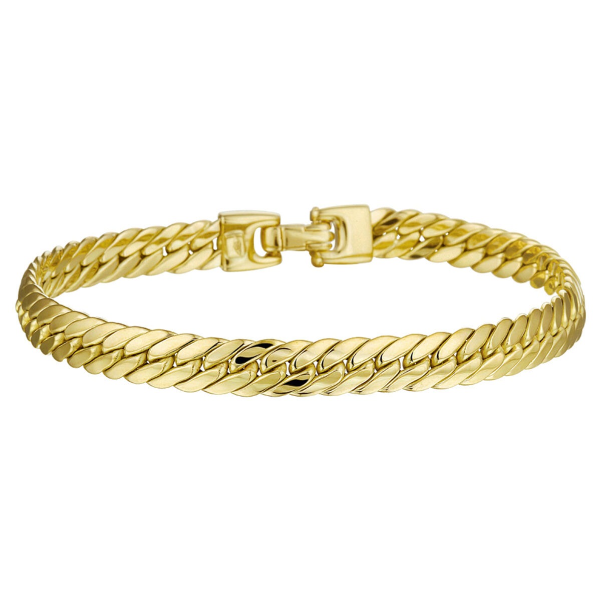 Bracciale gourmet da donna in oro giallo 14k, larghezza 6,5 mm, con chiusura a scatto.