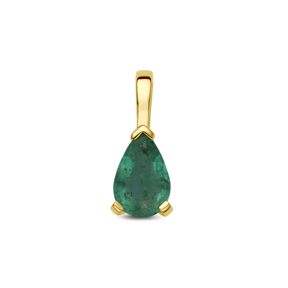 Ciondolo in oro giallo 14k con smeraldo a forma di goccia.