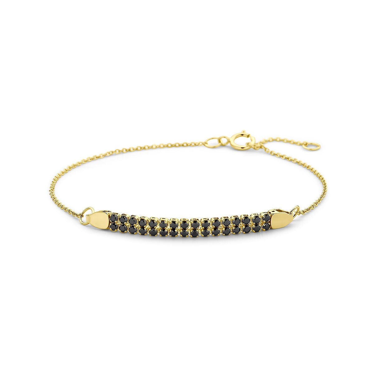 Bracciale da donna in oro giallo 14k con spinelli neri, design sottile e dettagli lucidi.