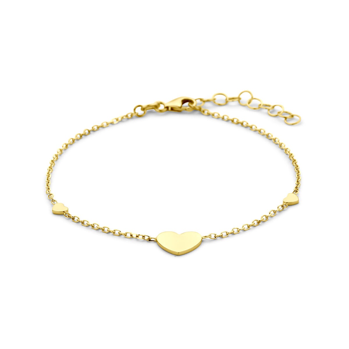 Bracciale in oro giallo 14k con cuori, con maglia fine e chiusura a moschettone.