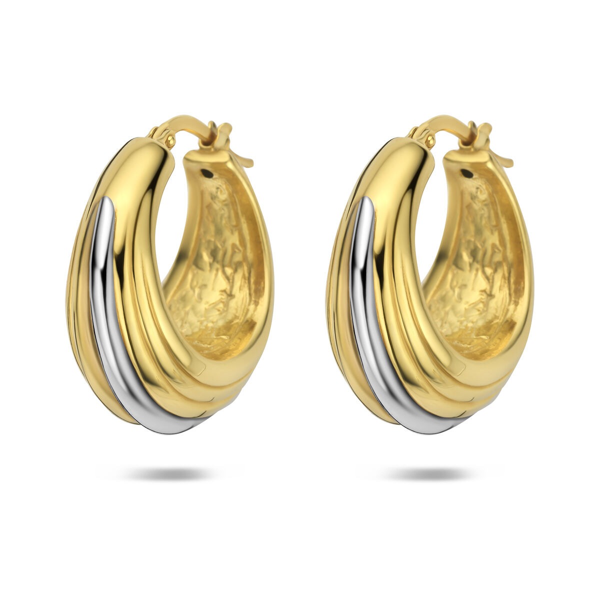 Orecchini alla creola in argento 925 placcato oro, con dettagli argentati, misura 16,5 x 10 mm.